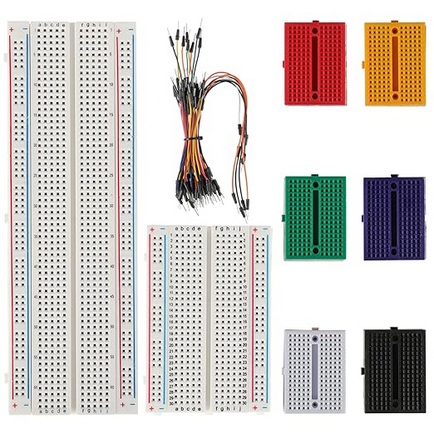 A collection of breadboards and jumper cables