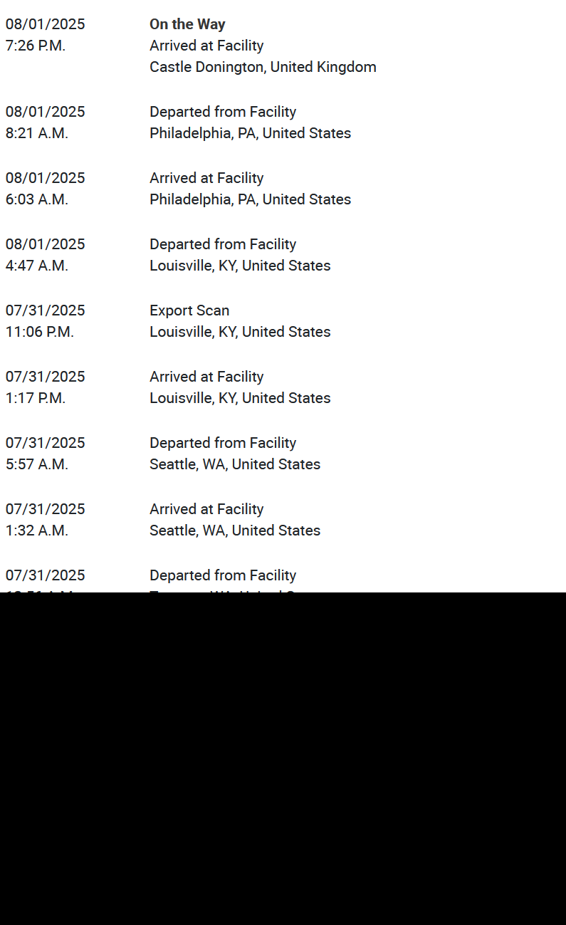 Image from UPS tracking the shipment with dates from 29th July to august 1st